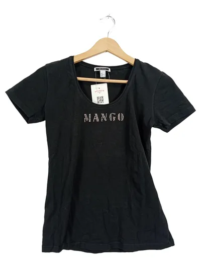 MANGO Damen T-Shirt Strass-Logo Schwarz Gr. L Baumwolle Stretch