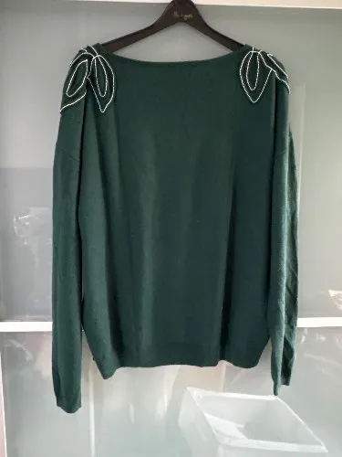 mint&berry Damen Pullover Gr. M Grün Perlen Schulter Elegant Alpaka