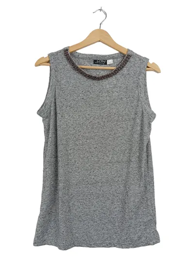 Amy Vermont Damen Top Shirt Gr. 40 Grau Meliert Perlenbesatz