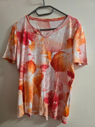 Olsen Damen T-Shirt Blumenmuster V-Ausschnitt Gr. L Baumwolle