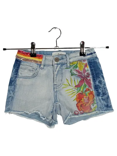 Desigual Kinder Jeans Shorts Gr. 140 Blumen Pailletten Baumwolle Blau