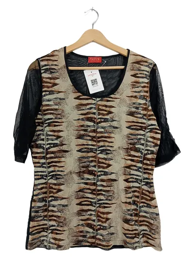 TAIFUN Damen T-Shirt Tigerprint Netzärmel Gr. 40/L Beige Schwarz