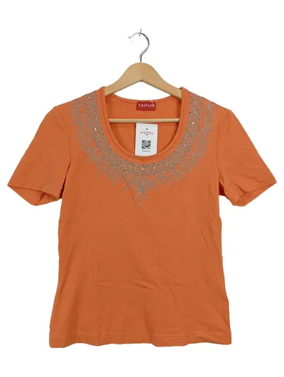 TAIFUN Damen T-Shirt Gr. 38 Orange Perlenverzierung Stickerei Kurzarm