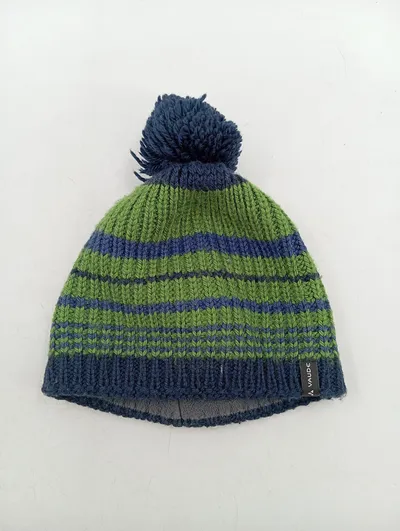 VAUDE Kinder Strickmütze Bommel Grün Blau Gestreift Wolle Outdoor