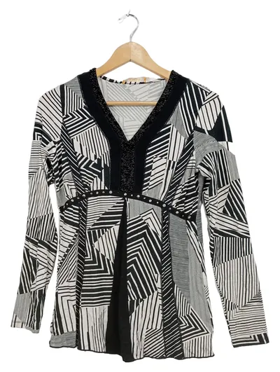 BiBA Damen Langarmshirt V-Ausschnitt Gr. S Schwarz Weiß Geometrisch