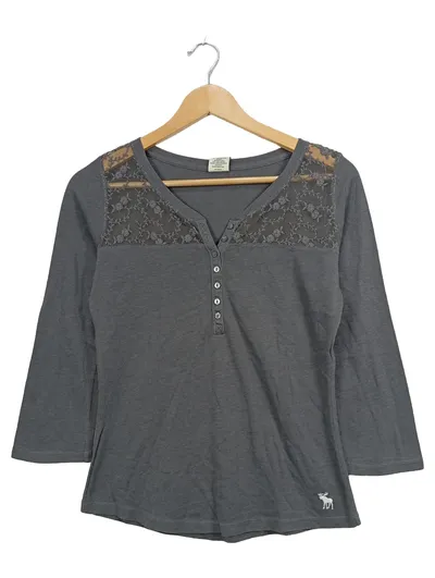 Abercrombie & Fitch Damen Langarmshirt Baumwolle Spitze Grau Gr. 36 S