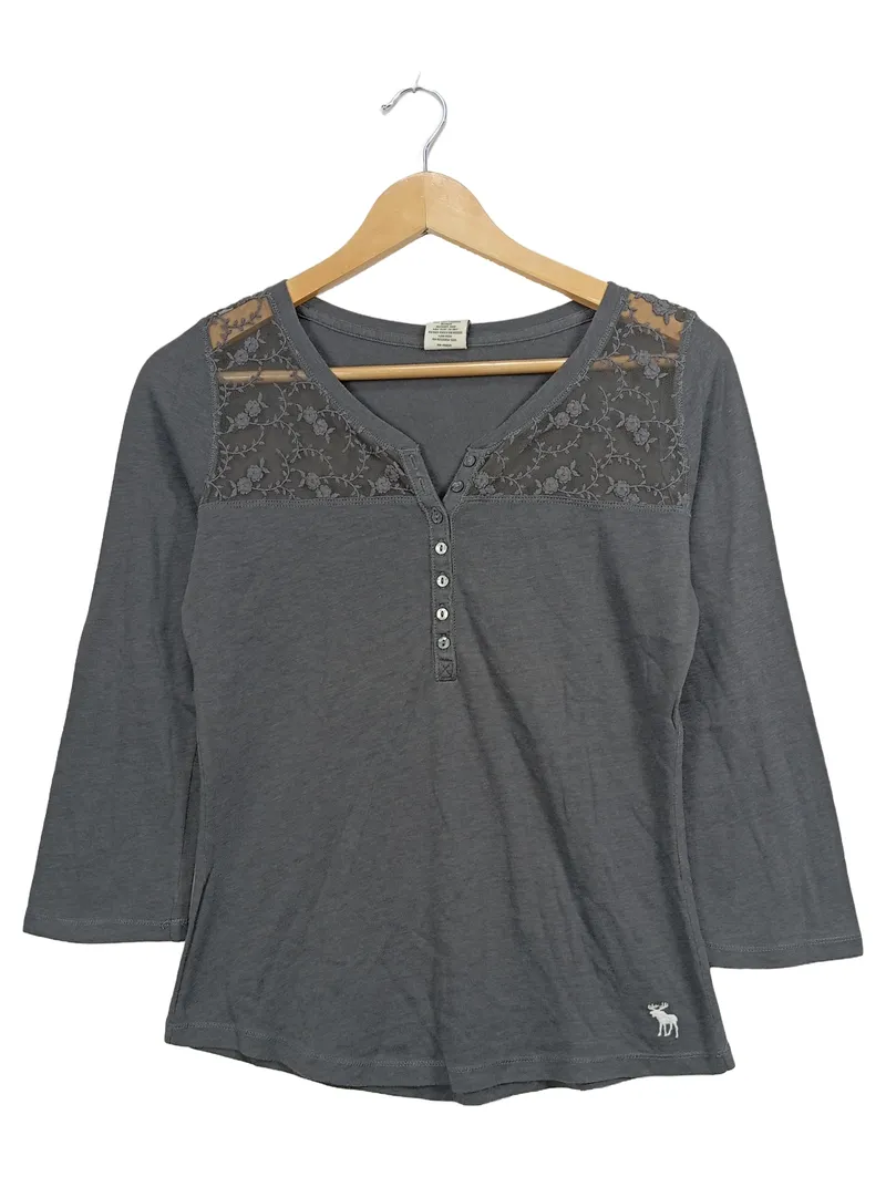 Abercrombie & Fitch Damen Langarmshirt Baumwolle Spitze Grau Gr. 36 S 1