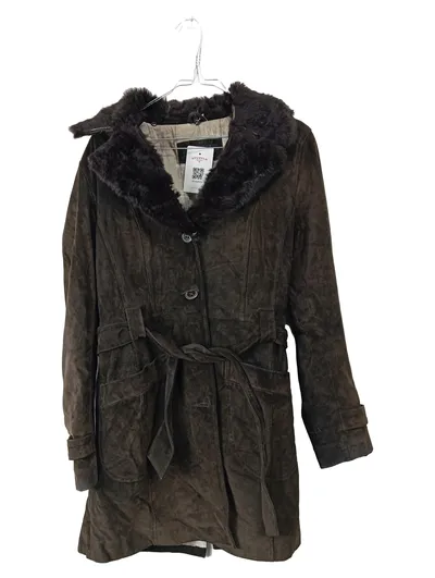 Oakwood Damen Ledermantel Gr. 36/S Braun Pelzkragen Wildleder Wintermantel