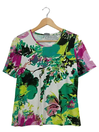 LEBEK Damen T-Shirt Gr. 38/M Blumenmuster Kurzarm Viskose Strass