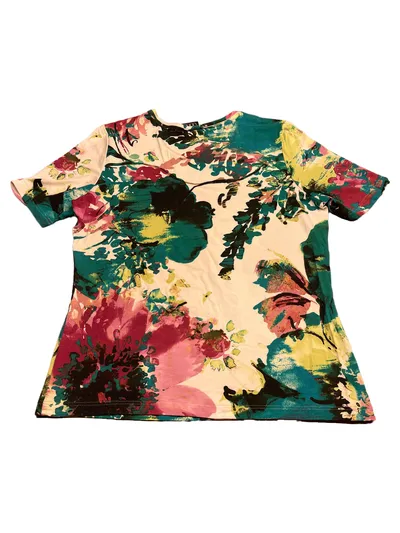 LEBEK Damen T-Shirt Gr. 38/M Blumenmuster Kurzarm Viskose Strass