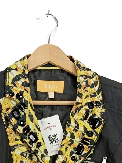 BiBA Damen Blazer Gr. 40 Schwarz Gelb Animal-Print Strasssteine