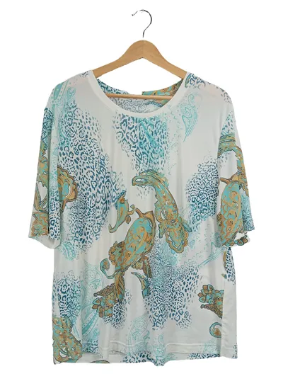 AZ Modell Damen T-Shirt Gr. 44 Paisley Leopard Türkis Gold Weiß