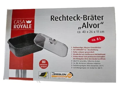 CASA ROYALE Rechteck-Bräter Alvor 40x26x11cm 8L Induktion Glasdeckel Schwarz