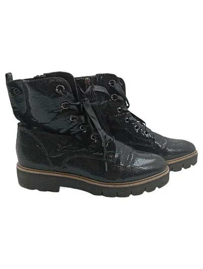 Tamaris Damen Schnürstiefelette Gr. 40 Schwarz Lack Optik Combat Boots