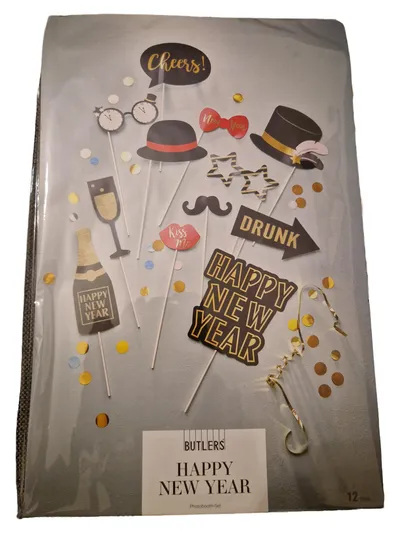 BUTLERS Photobooth Set Partydeko Schriftzug Glitzer Mehrfarbig 30x20cm