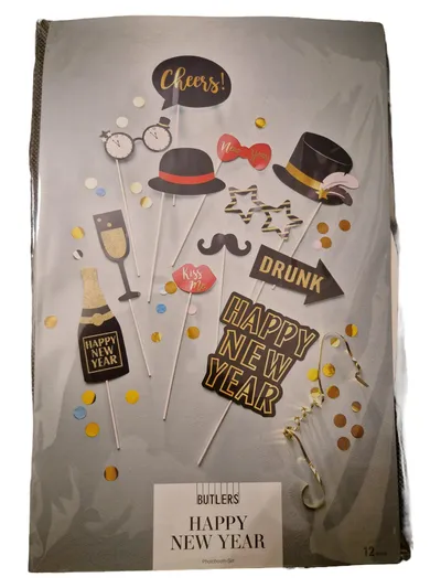 BUTLERS Photobooth-Set Partydeko Silvester Zitate Uhr Schnurrbart Mehrfarbig