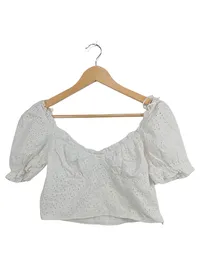 Alcott Damen Bluse Lochstickerei Puffärmel Weiß Gr. 40/L Crop Top 1
