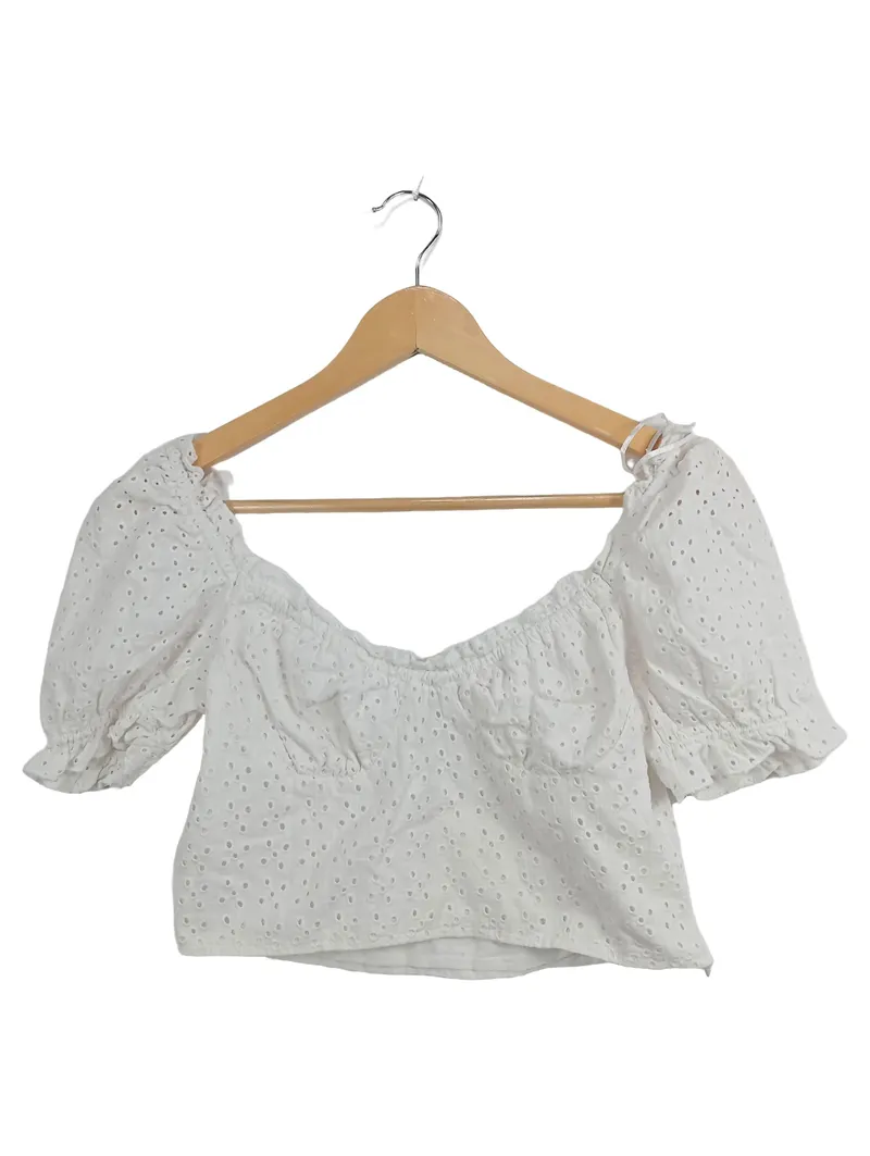 Alcott Damen Bluse Lochstickerei Puffärmel Weiß Gr. 40/L Crop Top 1
