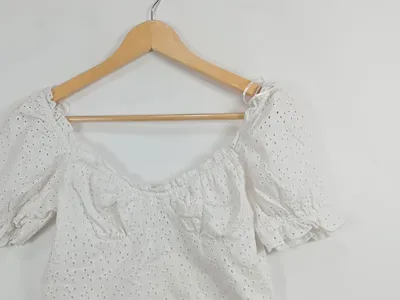 Alcott Damen Bluse Lochstickerei Puffärmel Weiß Gr. 40/L Crop Top