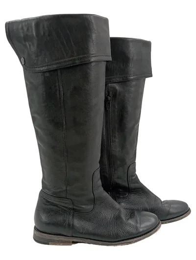 BUFFALO Damen Leder Stiefel Schwarz Gr. 37 Kniehohe Boots Umschlag