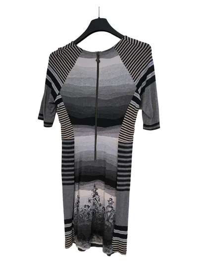 Desigual Damen Jerseykleid Gr. L Grau Gestreift Ornament Print