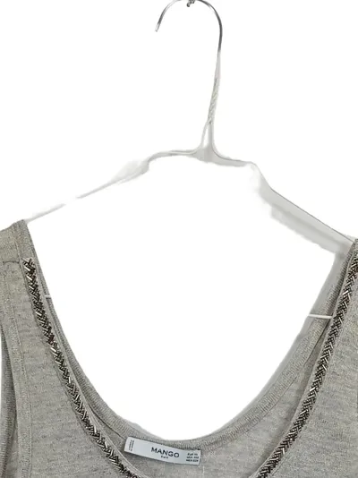 Mango Suit Damen Top Gr. XS grau meliert Perlenbesatz elegant
