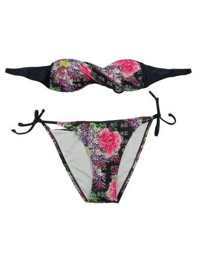 Damen Bikini Blumenmuster Bandeau Gr. 42 Mehrfarbig Strass Bademode