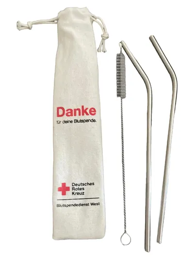 Edelstahl Trinkhalm Set 2 Strohhalme mit Reinigungsbürste & Stoffbeutel DRK
