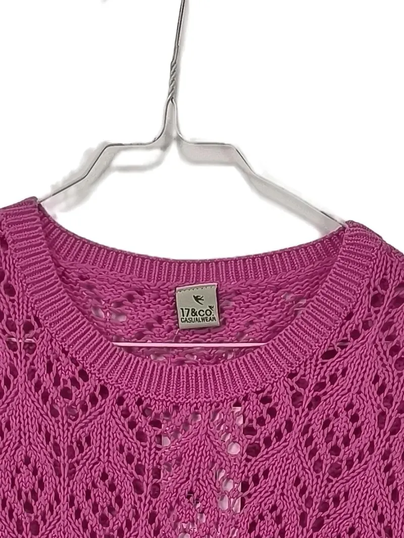 17&CO Damen Pullover Strickpullover Gr. 38 M Pink Lochmuster Baumwolle Casual 4