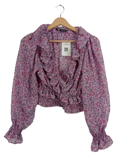 Zara Damen Bluse Langarm Blumenmuster Rüschen Rosa Gr. 38 M Freizeit