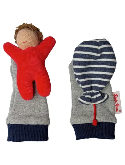 Käthe Kruse Baby Fäustlinge mit Puppe Grau Gestreift Baumwolle