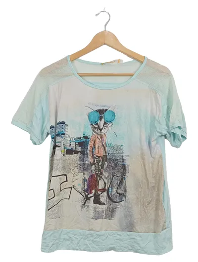 BiBA Damen T-Shirt Gr. M Katze Brille Urban Print Türkis Viskose