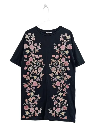 ZARA TRAFALUC Damen T-Shirt Kurzarm Blumenmuster Baumwolle Schwarz S