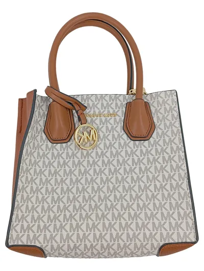 Michael Kors Mercer Henkeltasche Damen Beige Braun MK Signature Logo Print