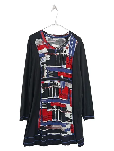 Gina Laura Damen Tunikakleid Gr. 42/XL Schwarz Abstrakt Print Langarm