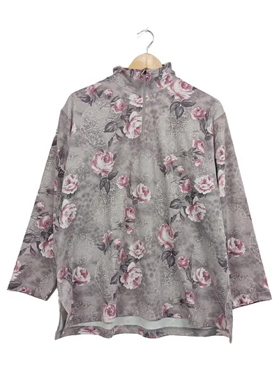 EMMEDUE Damen Pullover Gr. 42/XL Grau Blumenmuster Rosen Stehkragen