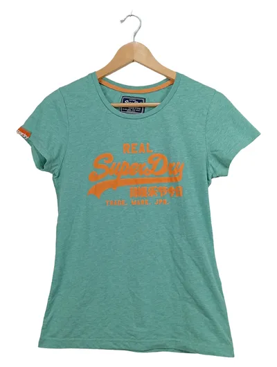 Superdry Damen T-Shirt Gr. S Türkis Orange Logo Print Vintage