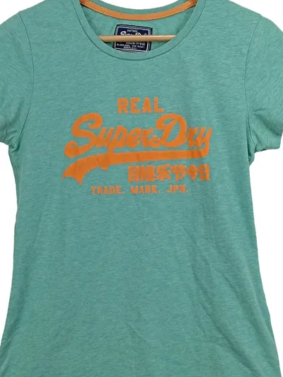 Superdry Damen T-Shirt Gr. S Türkis Orange Logo Print Vintage