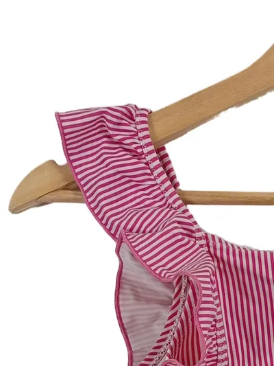 Jacadi Badeanzug Mädchen Gr. 140 Pink Weiß Gestreift Rüschen