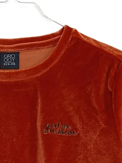 GROGGY Damen Samt T-Shirt Gr. XS Orange Velour Kurzarm Modern