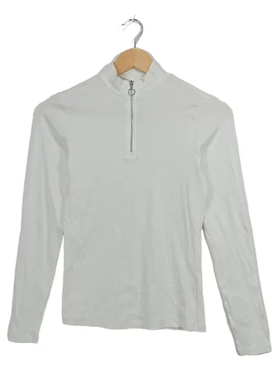Monki Langarmshirt Damen Weiß Reißverschluss Rippstrick Basic Shirt Gr. 38/M