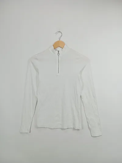 Monki Langarmshirt Damen Weiß Reißverschluss Rippstrick Basic Shirt Gr. 38/M