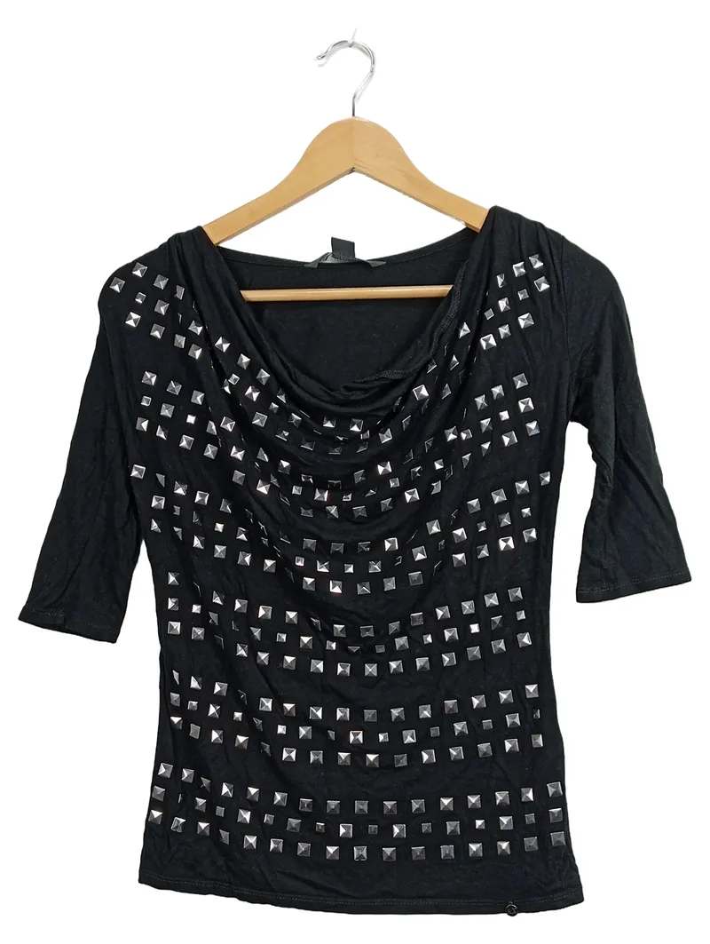 Armani Exchange Damen Top Nieten Schwarz Wasserfallausschnitt Gr. XS 1