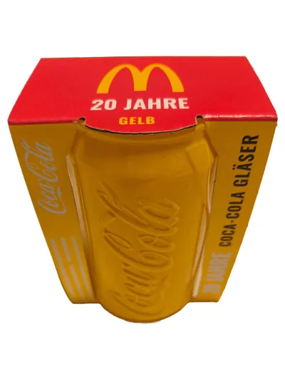 Coca-Cola Glas Dosenform Trinkglas Retro Logo 20 Jahre Gelb 12cm