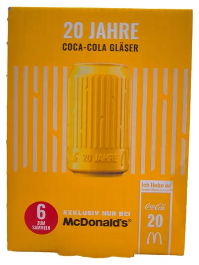 Coca-Cola Glas Dosenform Trinkglas Retro Logo 20 Jahre Gelb 12cm