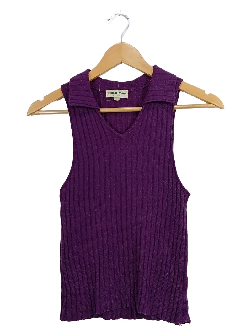 Emilio Robba Damen Stricktop Ärmellos Lila Gr. 38 Rippstrick V-Ausschnitt 1