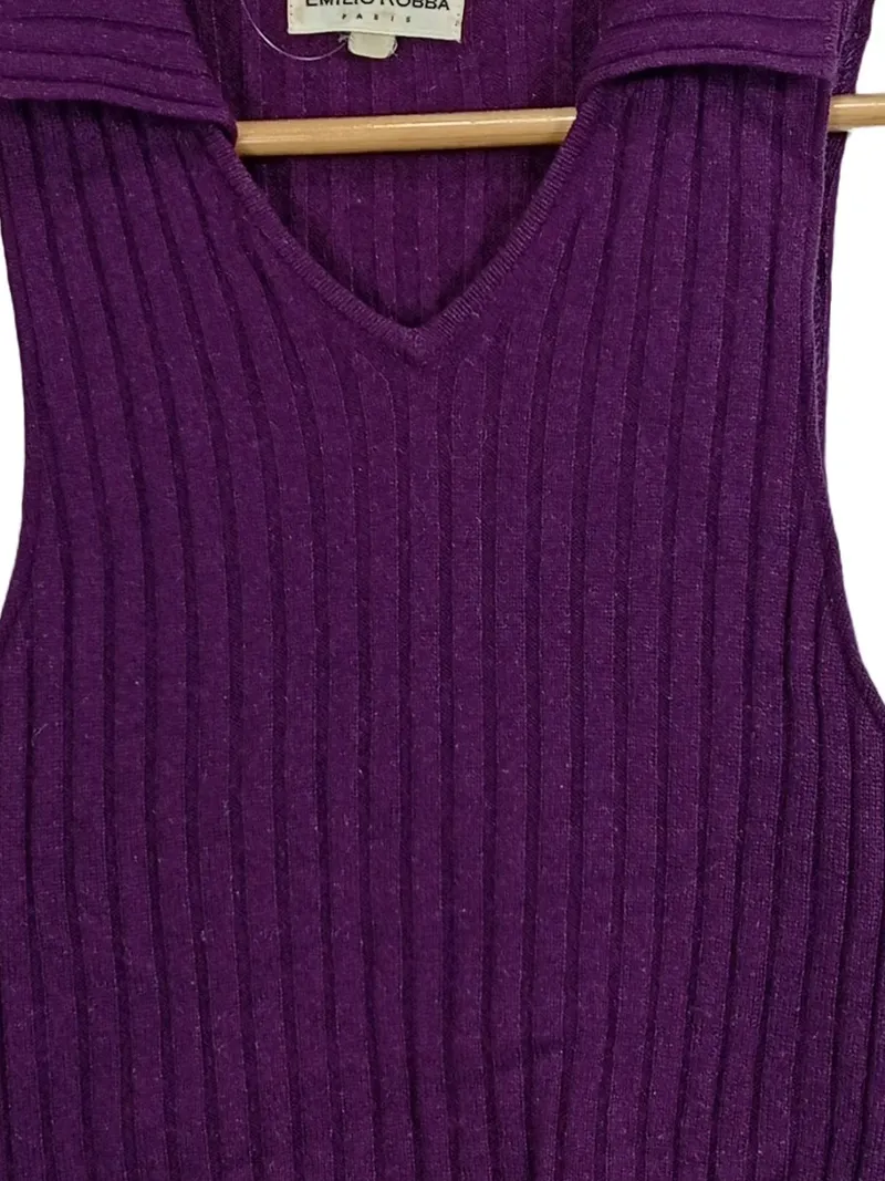 Emilio Robba Damen Stricktop Ärmellos Lila Gr. 38 Rippstrick V-Ausschnitt 3