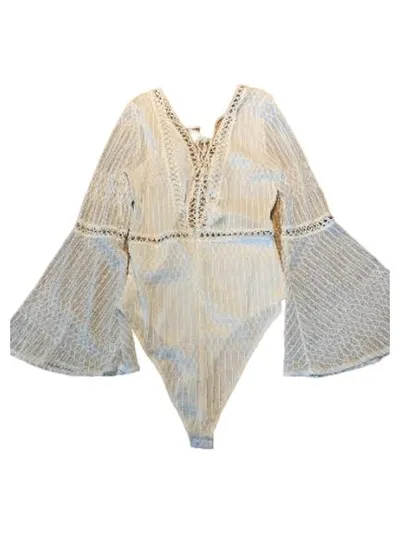 JUS DE POM Damen Body S/M Langarm Spitze Boho Weiß Trompetenärmel