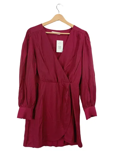 MANGO Wickelkleid Damen Gr. L/40 Bordeaux Rot Langarm V-Ausschnitt Elegant