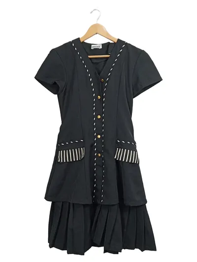 Cherokee Damen Blusenkleid Gr. M Schwarz Retro Goldknöpfe Plissee